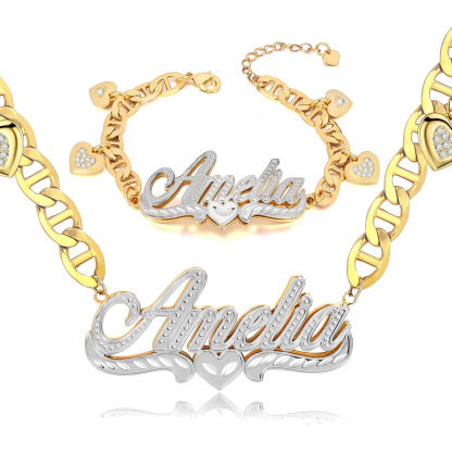 Mariner Chain Double Layer With Heart Pendant Personalized Name Necklace and Name Bracelet Set